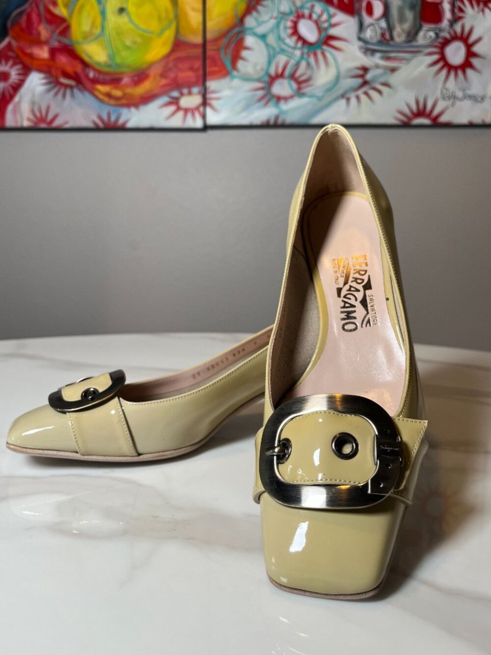 Salvatore Ferragamo Patent Leather Block Heel Pumps